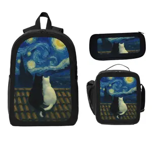 Starry Sky Cat Pattern Backpack Set - Student Backpack, Pencil Case, Lunch Bag Set