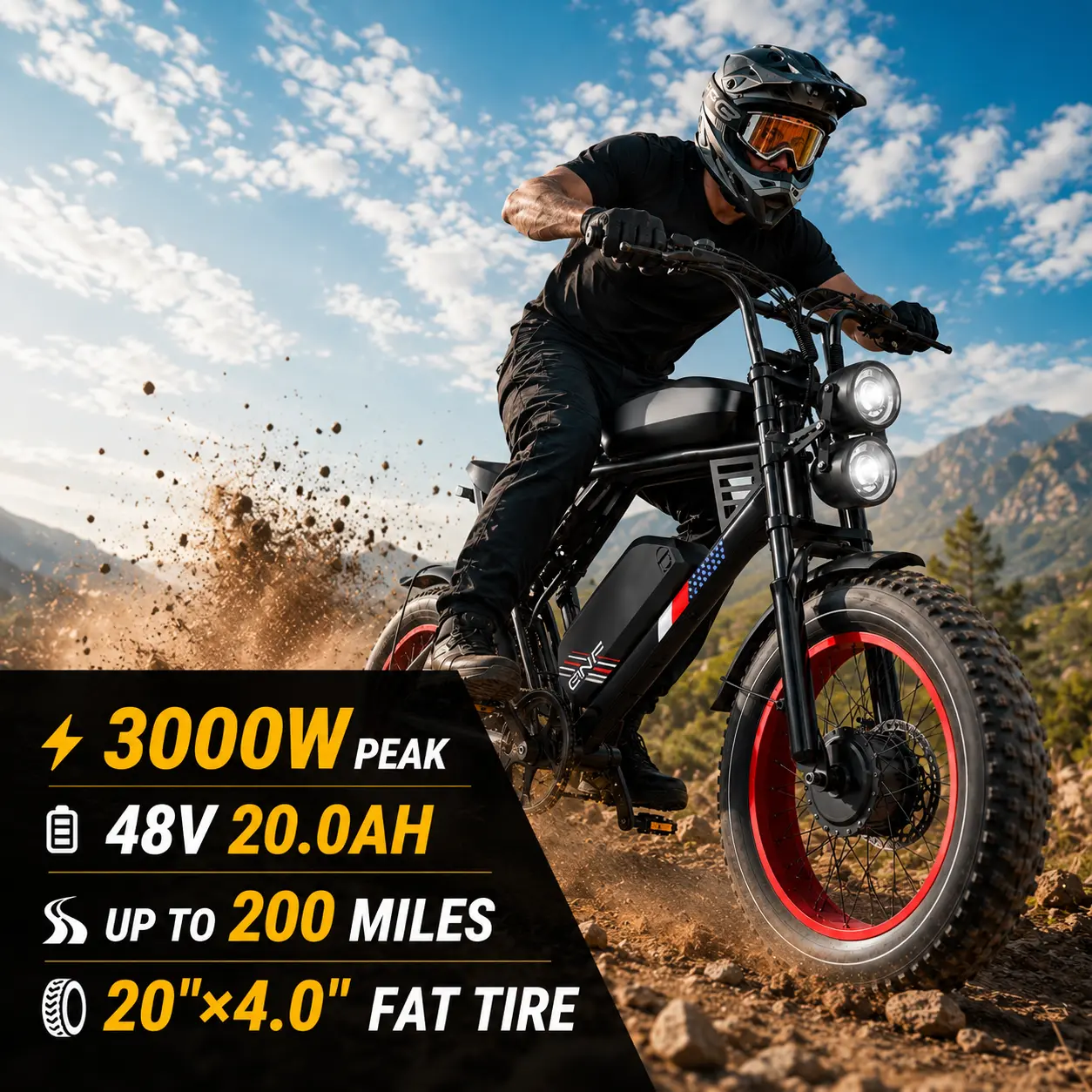 3000W Peak Dual Motor Electric Bike for Adults, 48V Dual Removable Batteries, 32MPH, Up to 200-Mi Range, 20" x 4.0" Fat Tires, Full Suspension, Hydraulic Disc Brakes, Color LCD, NFC Unlock, Turn Signals & Brake Light