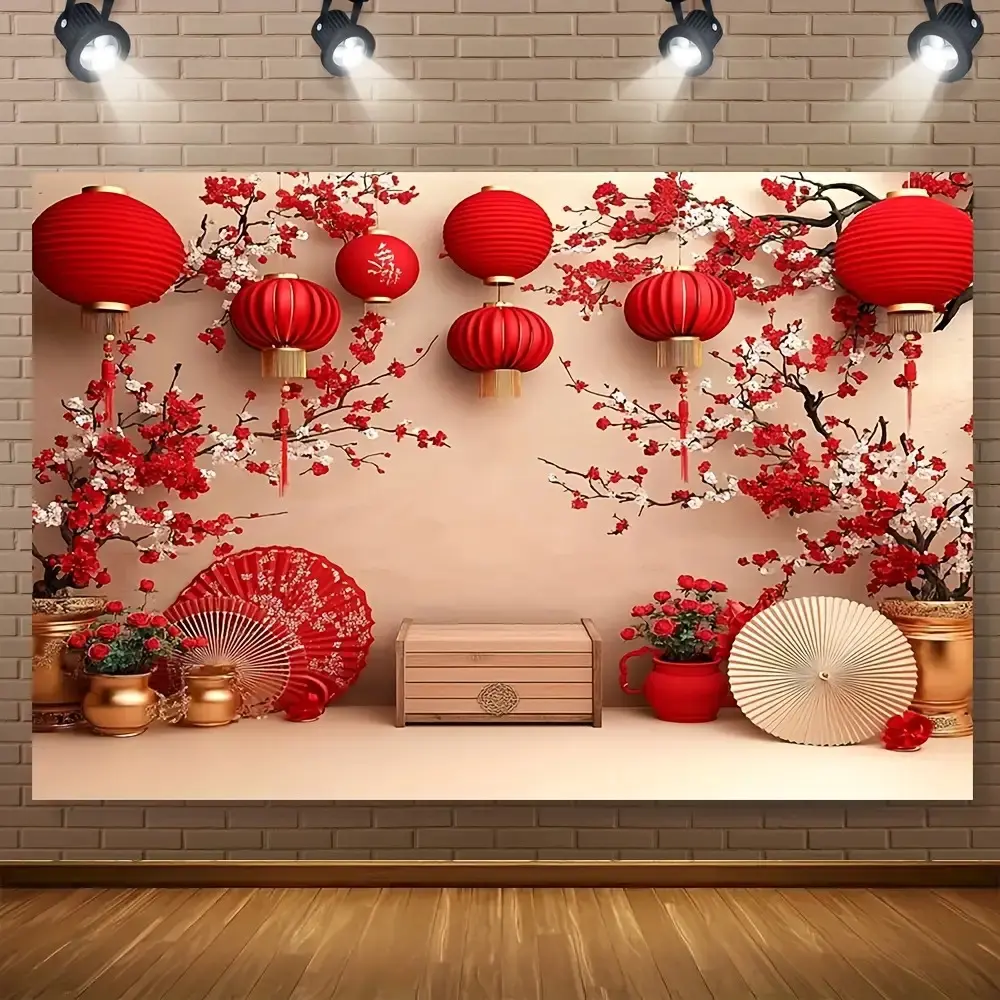 Chinese New Year Tapestry Red Lantern Backdrop Festival Theme Wall Hanging Photography Background Cherry Blossom Design for Party Decoration Indoor Outdoor Home Decor Polyester, Lightweight, Cozy