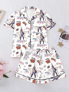 Women's Sleepwear Loungewear Home Set, Soft Comfortable Fitted Pajamas Pjs, Printed Lapel Design, Elastic Waist Pants, Casual Fashion, All Seasons Wear Homewear, Casual Pajamas Outfit