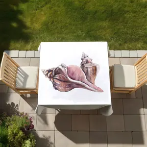360 Stand Square Coastal Theme Outdoor Tablecloth, 58x58 in Sea Pink Exotic Design with Horse Conch Shells - Durable Outdoor Furniture Accessory for Home Decor, Indoor Outdoor Table, Washable Table Cover