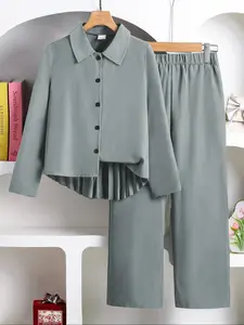2 Piece Button Long Sleeve Top with Casual Pants, Matching Clothes, Simple and Comfortable for Daily Wear and Outings