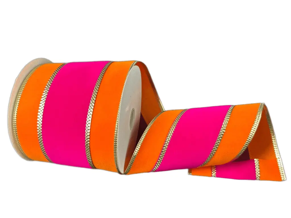 4" x 10yd Velvet Ribbon with Orange & Gold Metallic Edge - Fuchsia