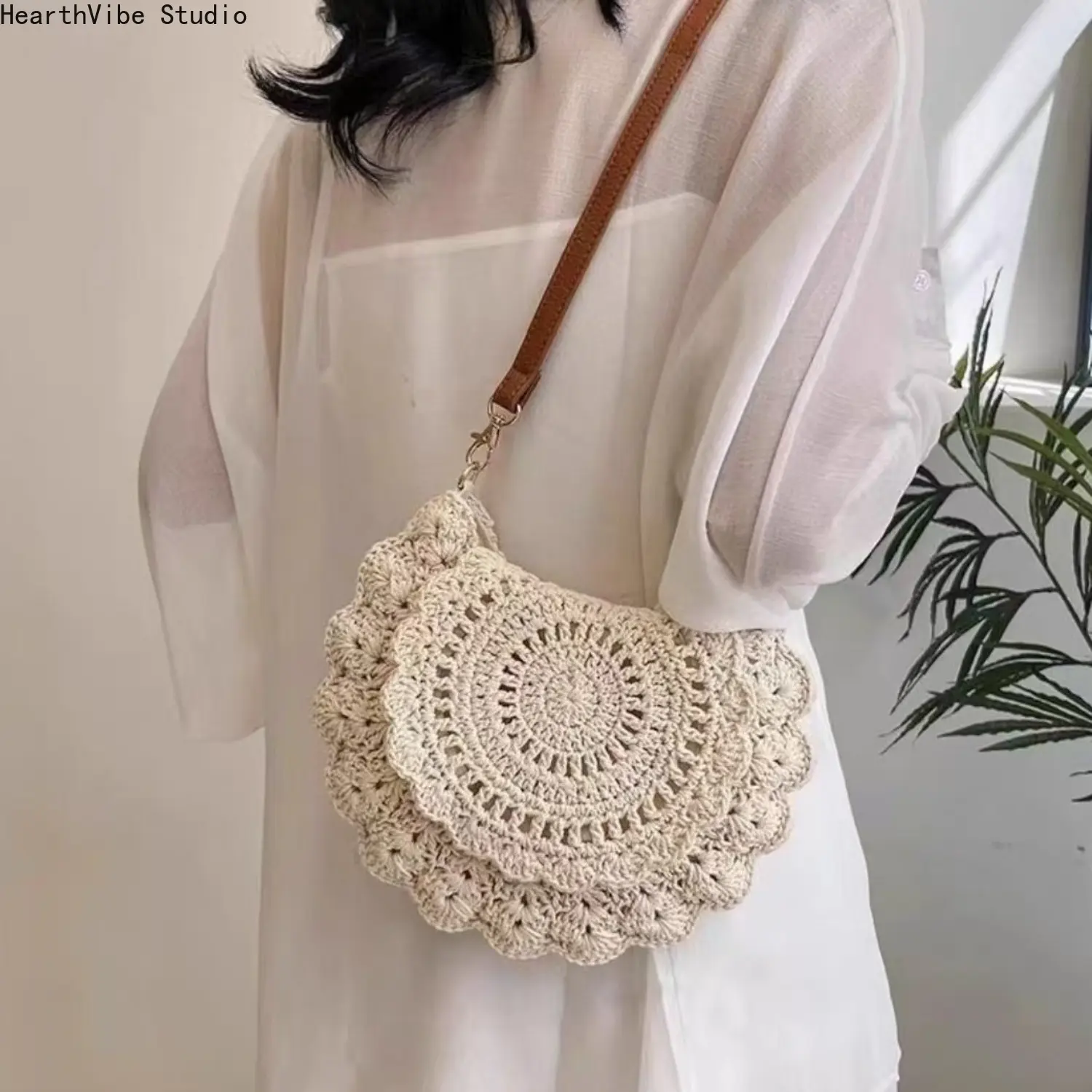 Woven Straw Boho Crossbody Tote for Women, Lightweight Khaki Beach Bag with Cut-Out Design & Adjustable Strap, Resort Beach, Zip Fastener, All Seasons, Casual, Polyester, Beach Resort