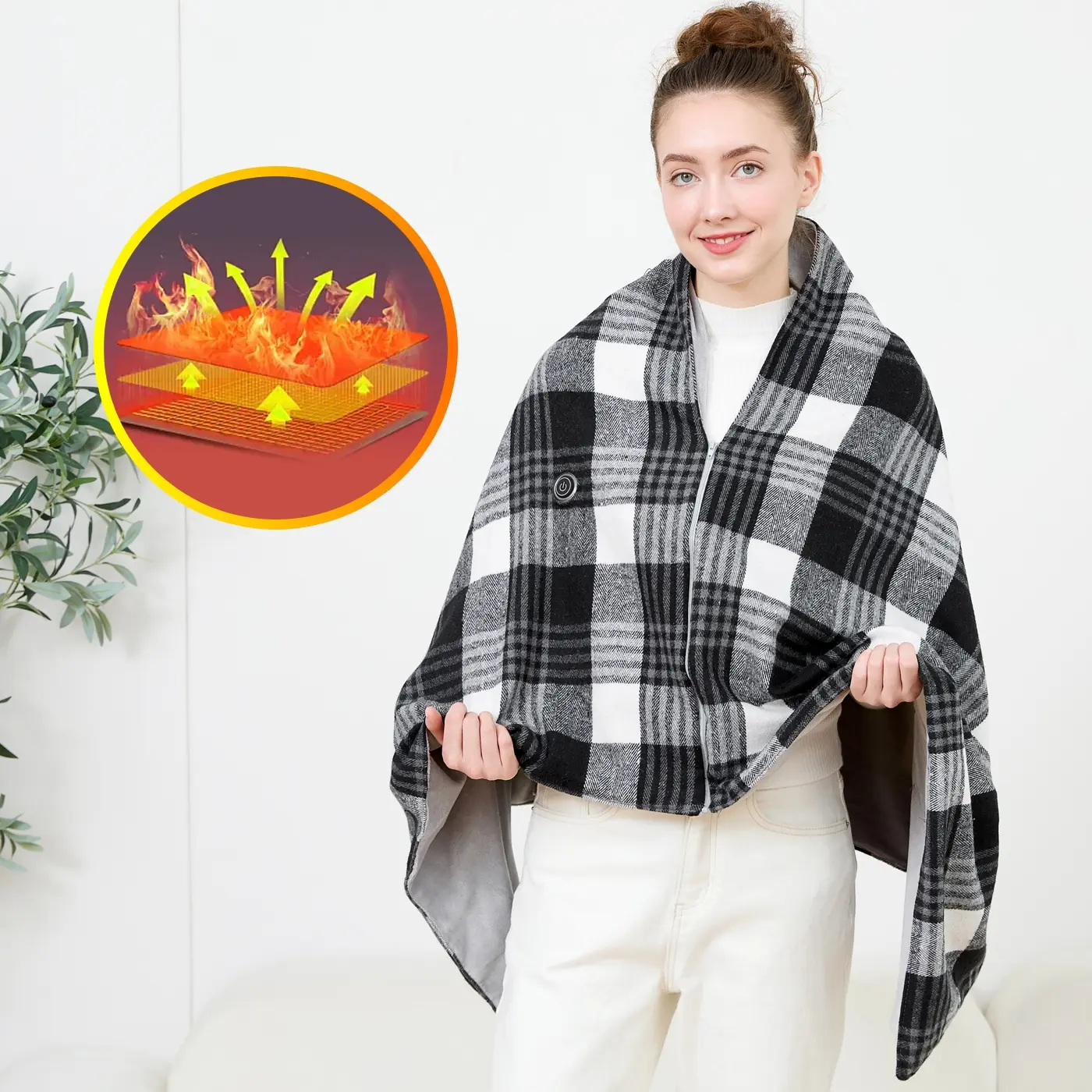 USB Heated Shawl, Adjustable Temperature Heating Blanket, Insulated Cloak, Women's Plaid Style Windbreaker, 3 Heat Settings, Zipper, Perfect Gift