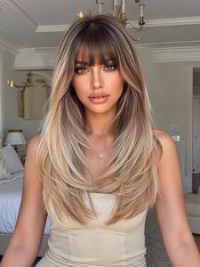 22 inch long hair straight wigs for women, gorgeous fluffy wigs with blunt bangs, synthetic full machine wigs for party, daily use