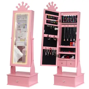 Kids Jewelry Armoire with LED Light & Full-Length Mirror, Freestanding Organizer with 3 Drawers - Perfect  for Girls' Dress-Up,Pink, girl vanity