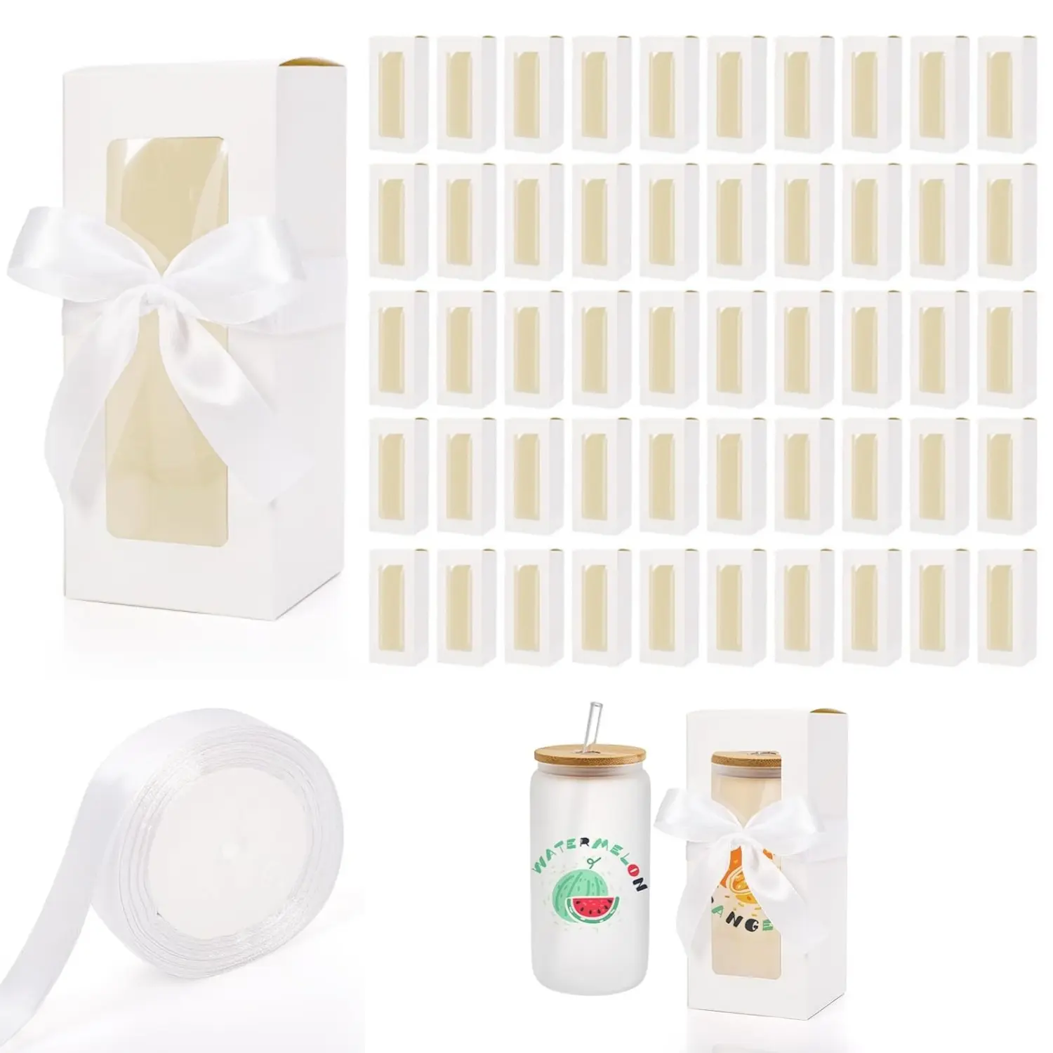 50Pcs Tumbler Gift Box with Ribbon for Sublimation Glass Exhibition Boxes Transparent for 12oz 16oz 20oz Drinking Cup Glasses Jars Mug Can Blanks (White) Excluding The Cup - Home Improvement.