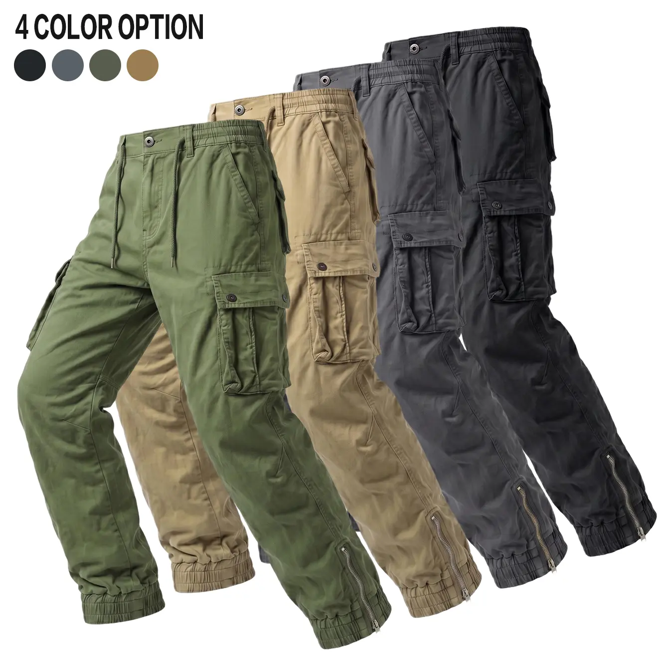 Men's Sand-Washed Cotton Carbon Fiber Tactical Cargo Pants - Mid Waist, Full Length, Multiple Pockets, Cuffed Zipper Hem, Button Closure, Machine Washable, Solid Woven, Casual Work Menswear