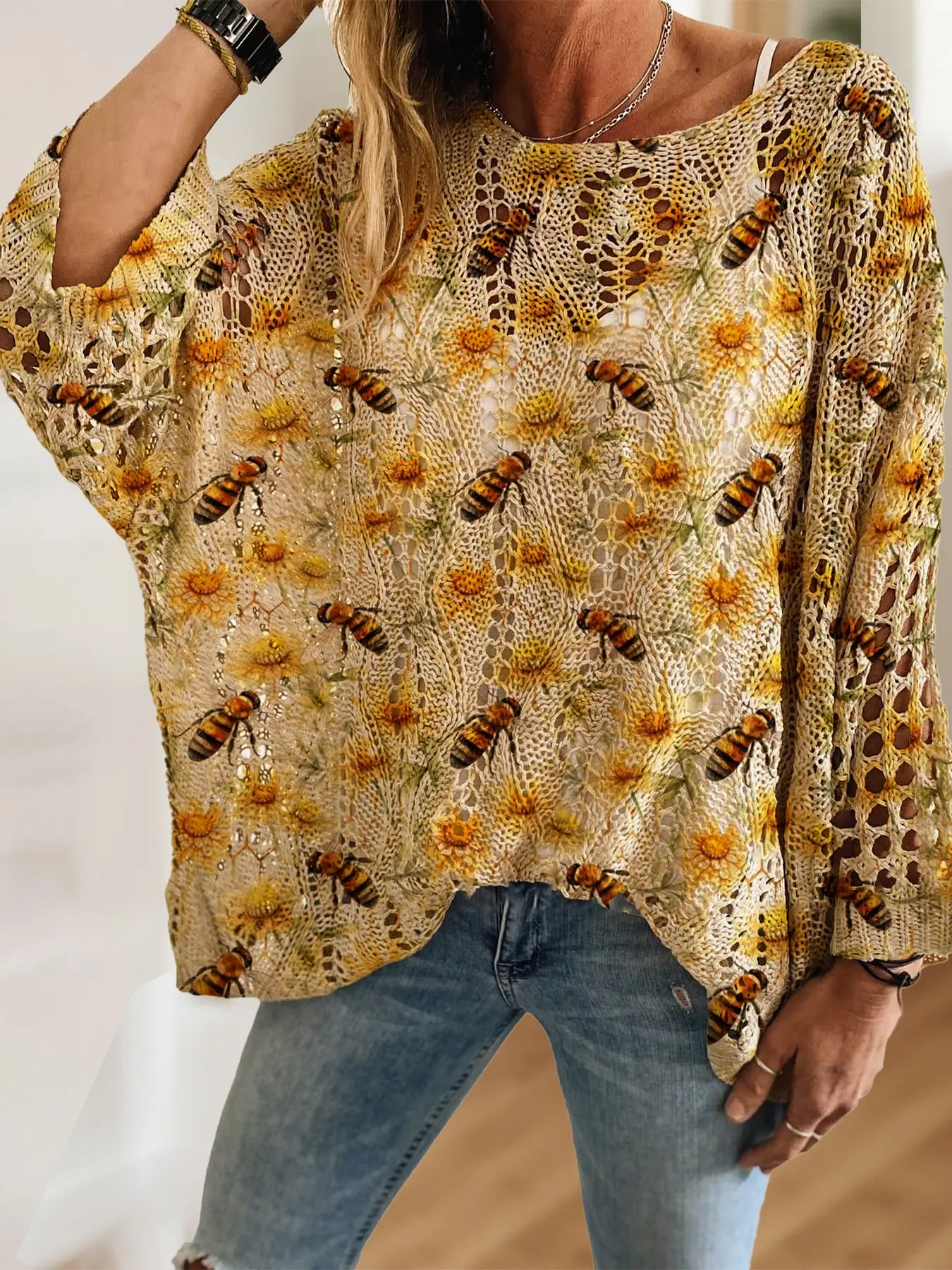 Women's Cartoon Animal Bee Daisy Print Batwing Sleeve Knit Top, Casual Elegant Vacation Style Sweater, Valentine's Day Fashion