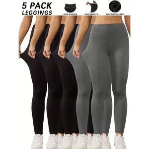5 Pack Women's High Waisted Tummy Control Workout Pants - Full-Length Non-See-Through Yoga Running Leggings, Solid Color All-Season Gym & Casual Athletic Pants with Opaque Coverage (No Sheer Panels) -