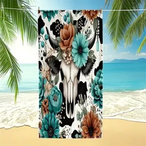 Western Cow Skull Floral Beach Towel, Boho Cow Print Oversized Pool Towel, Quick Dry Digital Print Camping Towel, Soft Absorbent Bath Towel Blanket for Beach, Pool, Camping, Travel, Gym, Rustic Cowboy Swim Towel