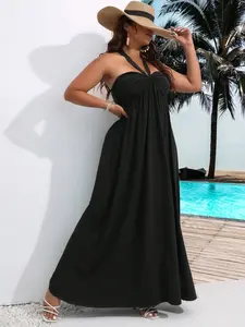 Elegant Backless Long Maxi Dress, Loose Fit Draped Casual Vacation Style, Plus Size Halter Neck Knot Design, Women's Fashionable Party Gown, Lady, Womenswear