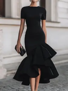 Women's Fashion Bodycon Waist Cinched Ruffle Fish Tail Dress, Short Sleeve Round Neck Party Evening Gown, Medium-Length Cocktail Dress