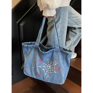 Spider Web & Spider Embroidery Design Tote Bag, Large Capacity Denim Shoulder Bag for Women, Casual Trendy Versatile High-quality Daily Commuting Bag, Casual Commuter Bag