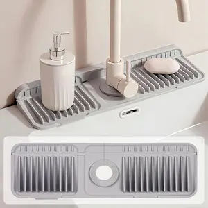 18 inch  Faucet Mat for Kitchen Sink - 6? Slope & Fasten Button Design, Quick-Dry Splash Guard Water Catcher Behind Faucet, RV/Bathroom Safe (Gray)