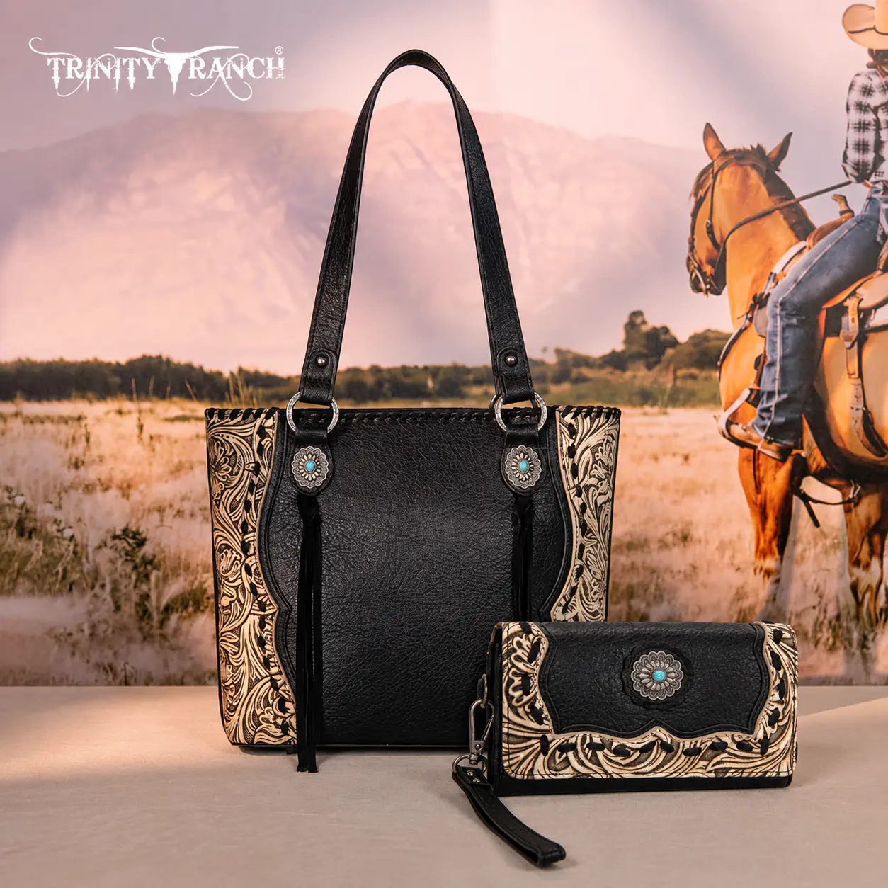 Trinity Ranch Black Concho Tote and Wallet Set