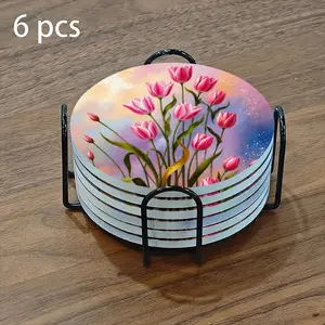 6-piece ceramic coaster set, featuring a pink tulip design. Heat-resistant and non-slip coasters, essential for home and dining table decoration, practical and elegant beverage mats, and a perfect housewarming gift.