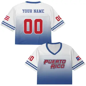 Puerto Rico Football Jersey Crop Top – Personalized Name & Number, Light Blue White Button Up Fan Jersey for Women