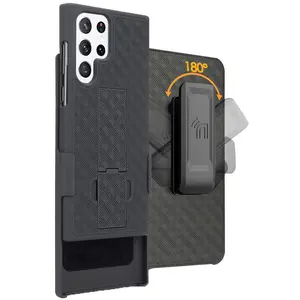 Case with Clip for Samsung Galaxy S22 Ultra 5G, Nakedcellphone Slim Hard Shell Phone Cover with Kickstand and [Rotating/Ratchet] Belt Hip Holster Combination - Black Tread