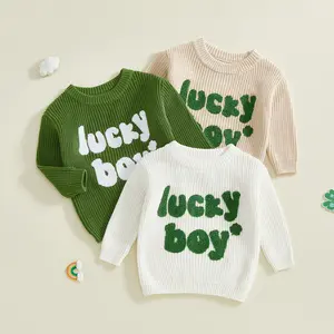 Babamoon Kids Toddler Baby Boy St. Patrick's Day Sweater Lucky Boy Shamrock Embroidery Long Sleeve Spring Knit Pullover Tops Jumper