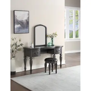 Bedroom Classic Vanity Set Wooden Carved Mirror Stool Drawers Antique Grey Finish