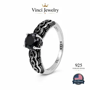 Vinci S925 Sterling Silver Vintage Black Synthetic Obsidian Ring with Filigree Design for Men and Women Everyday Wear, Energy Crystal Ring Perfect for Birthday Party Statement Gift/Unique Ring/Daily Armor Ring