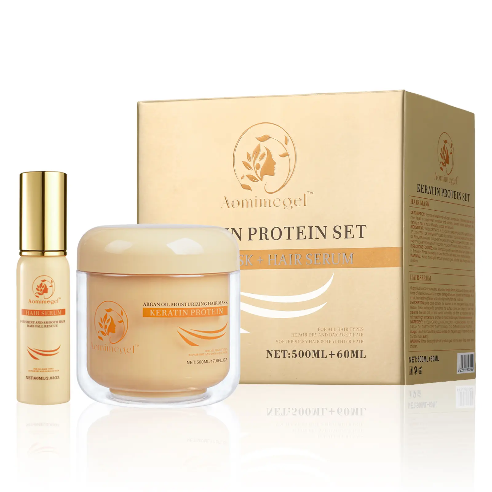Aomimegel Cruelty-Free Haircare Collagen Hair Mask & Argan Oil Serum Set - Repair Hydrating Treatment for Adults' Dry, Damaged Hair - 500ml + 60ml, Moisturize, Leave On Mask, Curly Locks, Moisturizer, Restore, Smooth, Hydration Boost