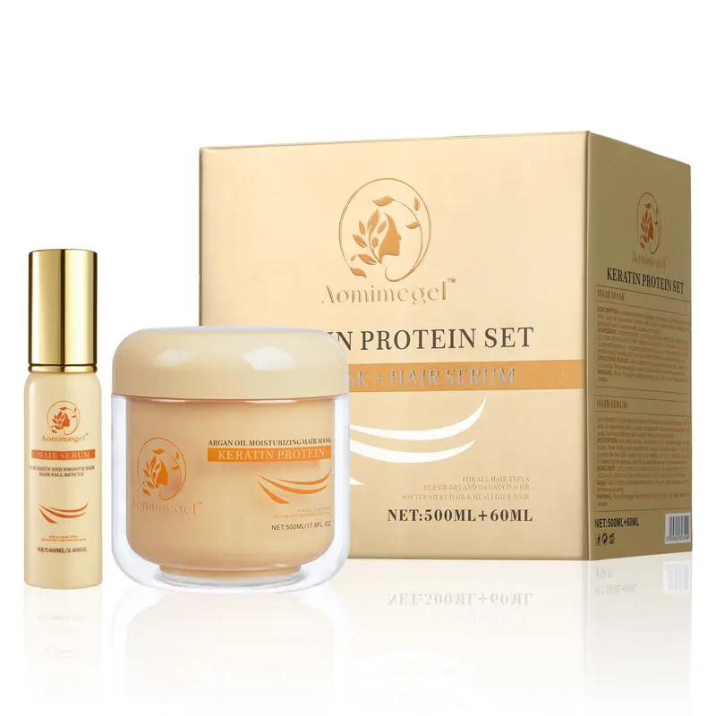 Aomimegel Cruelty-Free Haircare Collagen Leave-On Mask + Serum Set - 500ml Repair Hydrating Mask, 60ml Argan Oil Serum for Adults' Dry Curly Hair Routine - Boost Moisture, Smooth, Restore Treatment (Hair Products)