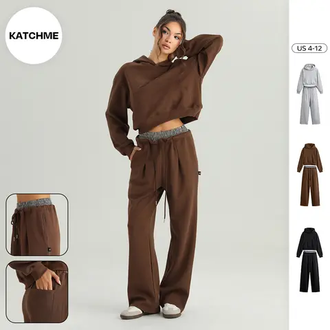 KatchMe Women's Casual Hooded Long Sleeve Cropped Hoodie & Contrast Waist Wide Leg Trousers Co-ord, Minimalist Solid Color Lightweight Two Piece Outfits