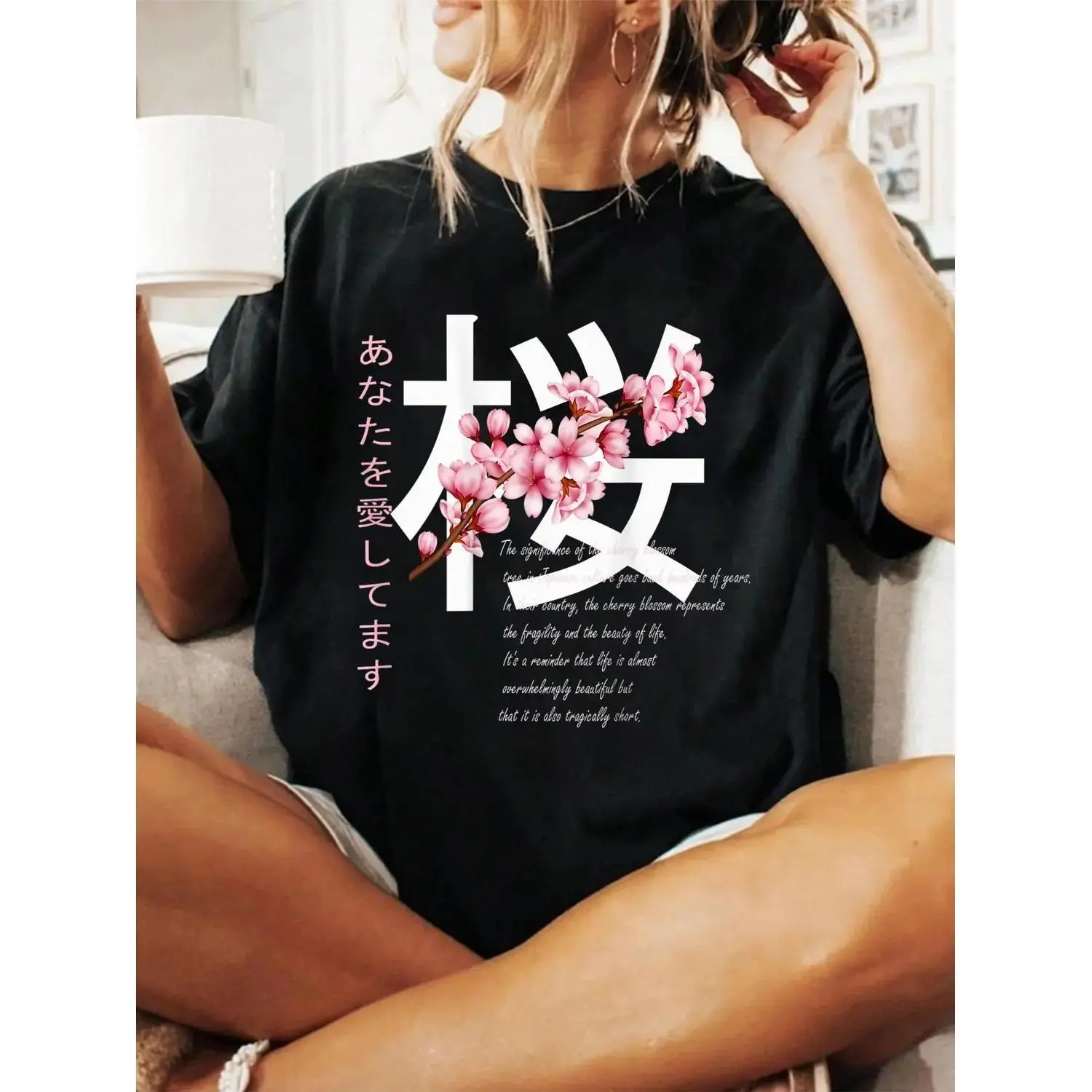 Men's Cherry Blossom Japanese Harajuku Anime Manga Fitted Short-Sleeve Crew Neck T-Shirt, Comfortable Casual Top for Spring-Summer Fashion, Shortsleeve, Menswear, Round Neck, Cherry Graphic, Fitted Cut, Printed Art, Anime Theme