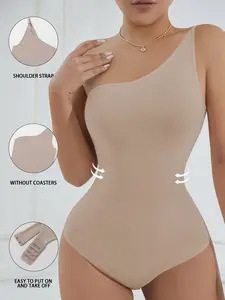 Women's One-Shoulder Adjustable Ribbed Stretch Shapewear Half-Buttock Bodysuit – Black/Apricot/Pink Multi-Colors – Sizes XS-XL – Suitable for Layering/Daily/Commute & More Scenarios