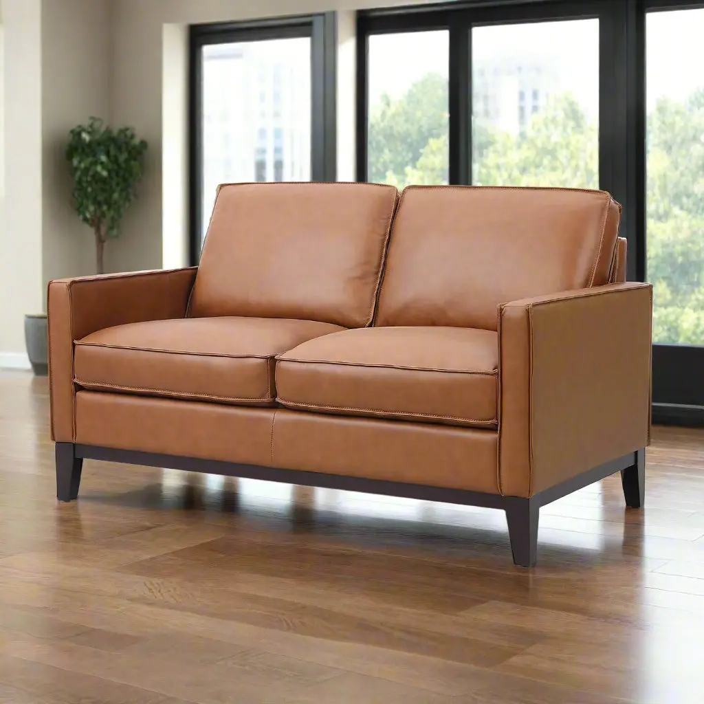 Samhara Top Grain Leather Love Seat Couch - Chestnut Earth Tone, Sturdy, Comfy, Clean Look Indoor Furniture Sofa, Comfy Couch