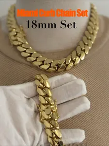 Miami Cuban Link Chain and Bracelet Set, 18mm Handcrafted True 14k Gold Plated Set Miami Style, Hip Hop Culture Jewelry