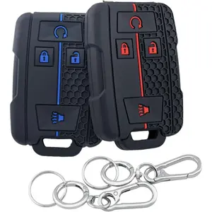 2Pcs 4 Buttons Silicone Smart Key Fob Cover for 2014-2019 GMC Canyon Sierra Yukon Chevrolet Chevy Colorado Silverado Suburban Tahoe (Black with Red/Blue)