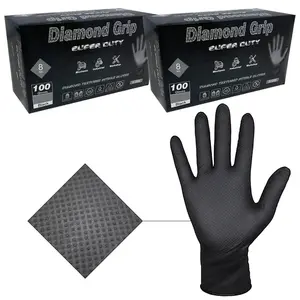 Heavy Duty 8-mil Industrial Black Nitrile LARGE Gloves with Raised Diamond Texture - Box of 200 - Latex Free, Powder Free