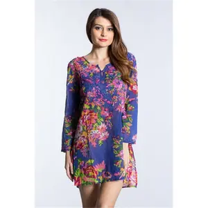 SOL Women's Elegant Cotton Embroidered Printed Long Sleeve Modest Semi Tunic Top - Blue, Large - Islamic Fashion Clothing (Compatible with Pants, Leggings)