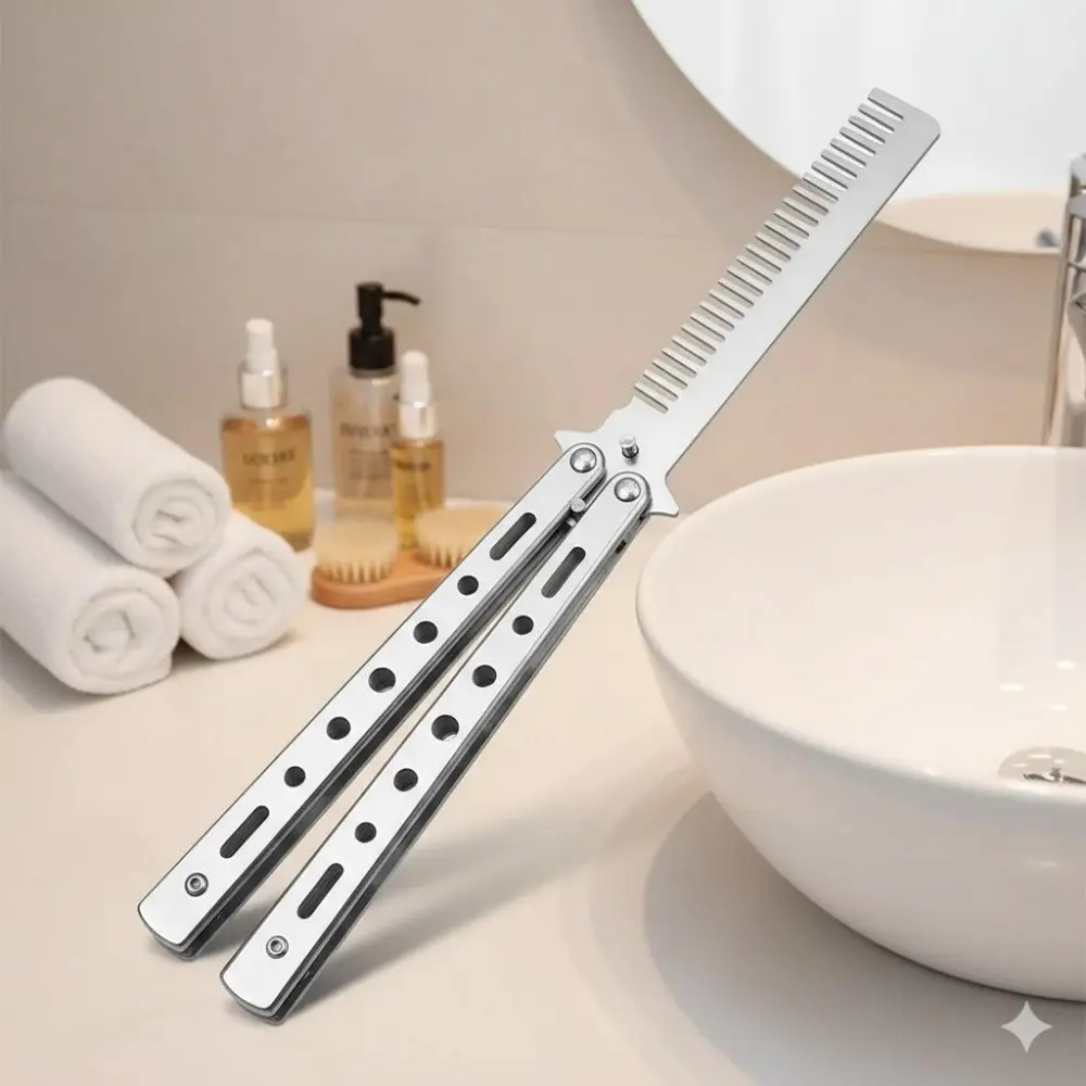 Foldable Stainless Steel Hairdressing Training Comb, Anti-Static Detangling Styling Tool for Barber Training, Portable Folding Comb with Safe Rounded Corners, Non-Slip Anti-Rust Durable Hair Comb, Metal Comb