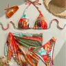 Three-Piece Set Women's All Over Print Bikinis Set, Ruffle Trim Halter Tie Back Triangle Bikini Top & Thong & Sheer Tie Side Cover Up Skirt Swimwear Set for Beach, Women's Swimsuit for Summer, Floral Print Bikinis, Summer Swimsuits