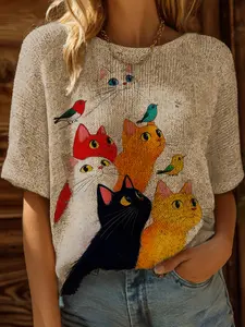 Spring Summer Women Knit Top, One Shoulder Straps, Colorblock Cute Cat Print Short Sleeve, Casual Elegant Commute Wear, Boho Beach Style