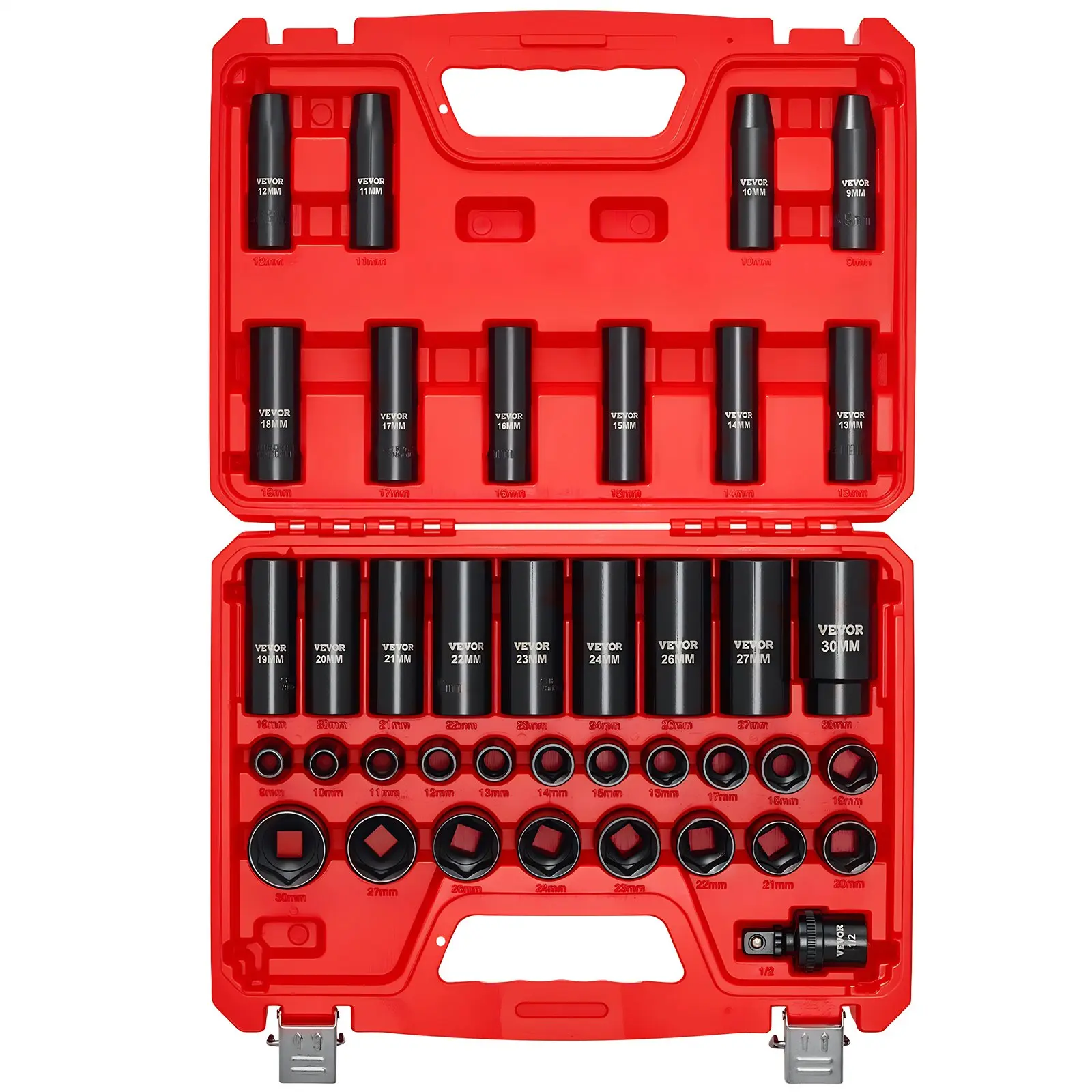 【DealsForYouDays】VEVOR 1/2 in Drive Heavy Duty Tool Impact Socket Set, 39-Piece 6-Point Deep & Shallow Metric Sockets (9-30 mm), Cr-V Steel High Durability, Universal Joint, Dual Size Markings, Heavy Duty Carrying Case