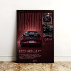 2017 Ford Mustang GT Poster High Quality Cardboard, Sharp Pattern Dark Red Muscle Car with Bold GT Graphics & Performance Specs, Iconic American V8 Sports Car Wall Art for Home Office Garage Decor, Perfect Gift for Car Enthusiasts & Ford Fans