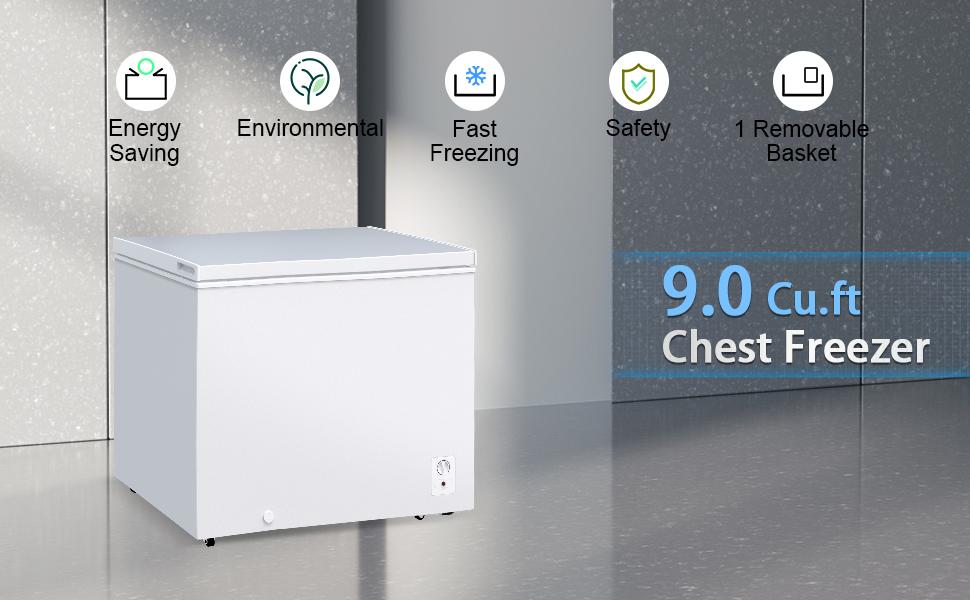 Large Chest Freezer 9.0 Cu.ft Deep FreeStanding Top Door Freezer with 8 Adjustable Thermostat -11.2°F to 10.4°F Removable Basket Universal Wheels Manual Defrost for Garage
