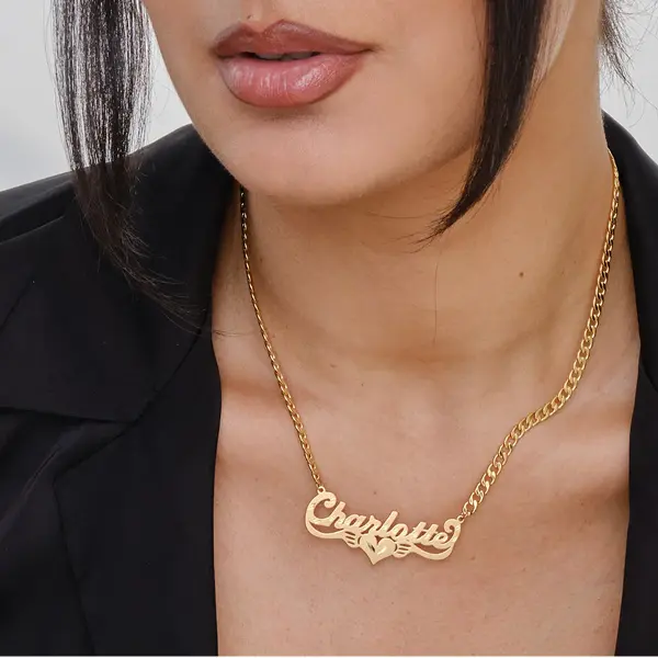 [Tres Colori] Diamond Cut Golden Wings Name Necklace Personalized Custom Name Pendant Necklace with Figaro Chain Minimalist Personalized Jewelry for Women & Men Daily Wear Fashion Gift