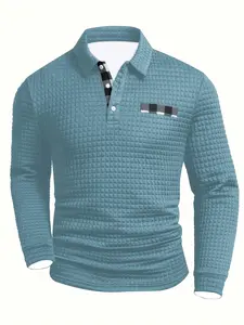 Digital Printed Fabric with Random Plaid Pattern, Non-directional Check Design, Thick-style Long-sleeve Lapel Top, Square Grid Textured Fabric, Fashionable Casual Wear for Daily Outfits, Casual Fitted Shirt