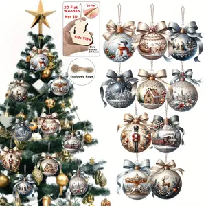 10pcs Elegant Christmas Ball Wooden Ornaments, Perfect Party Decorations, Tree Hanging Accessories, 2D Flat Design