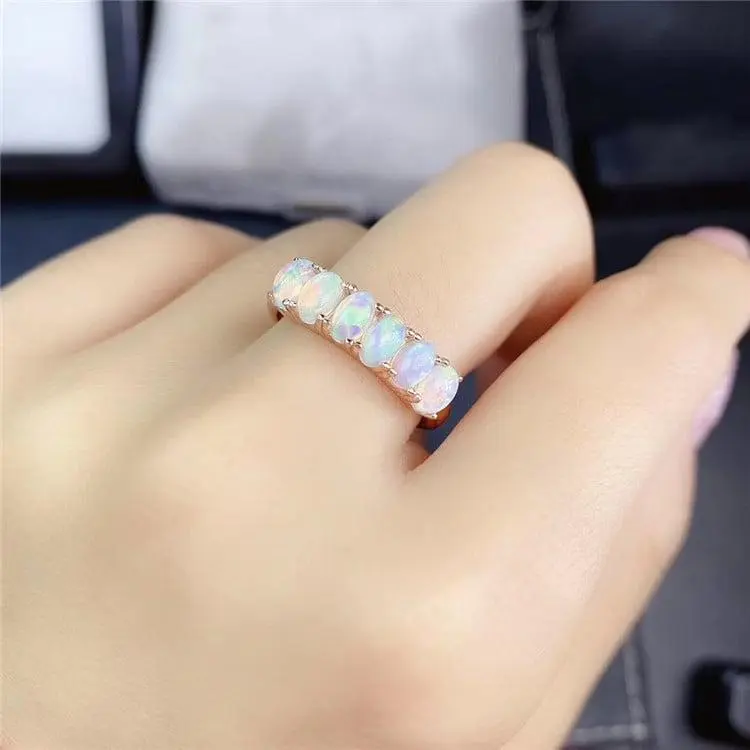 925 Silver Single Band Oval Natural Opal Ring - 3x5 mm Shifting Color Opal, Sleek Modern Design, Unique Standout Piece for Adults' Casual/Event Daily Wear