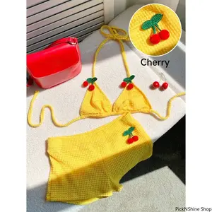 Women’s Crochet Halter Top And Shorts Set Cherry Embroidered Design Lightweight Breathable Fabric Two Piece Outfit for Beach Vacation Summer Casual Wear