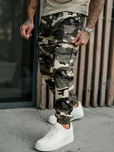 Men's All-Season Casual Camo Jogger Pants, Fitted Natural Waist Drawstring, Long Regular Fit, H-Type Silhouette, Versatile Wear