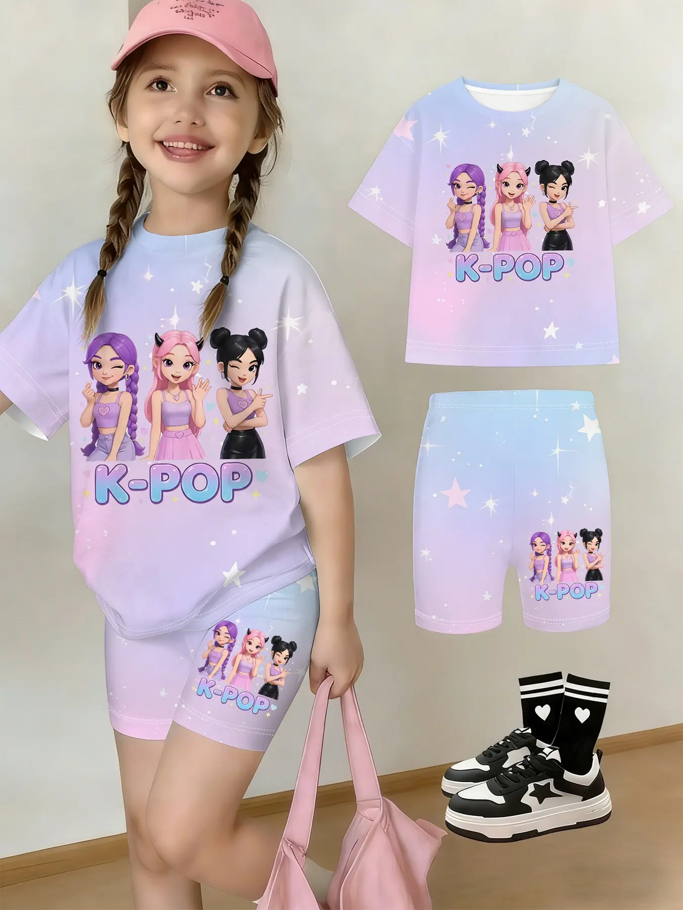 Summer Girls' Drop Shoulder Short Sleeve Yoga Pants Two-Piece Set, Blue Gradient Stars K-Pop Cartoon Print, Graphic Print Set, Casual, Casual Outfit Set, Summer Outfits Set, Summer Clothing Set